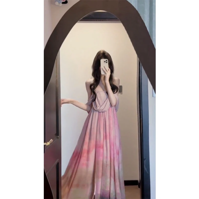 2025法式复古晕染抹胸吊带连衣裙女设计感氛围感温柔仙女裙假长裙