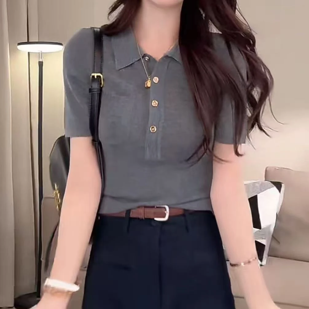 设计感纯色短袖翻领T恤2025夏季新款休闲百搭修身显瘦纯色POLO衫