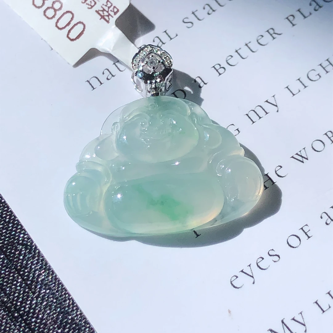 缅甸天然A货翡翠18k金镶嵌老坑冰种飘绿佛公吊坠尺寸26/25.7/5