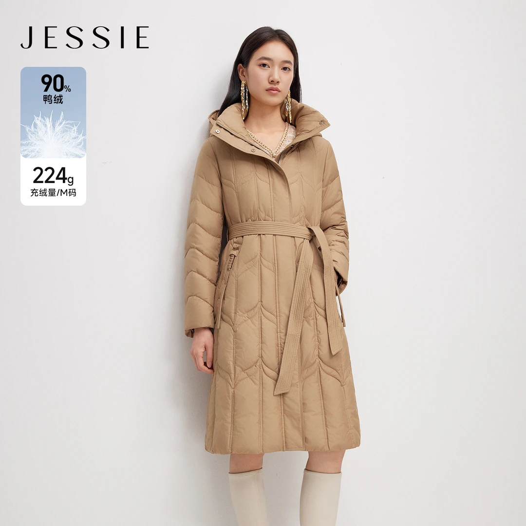 【粉丝专属】JESSIE量感90鸭绒保暖连帽女系带修身绗线中长款25冬季