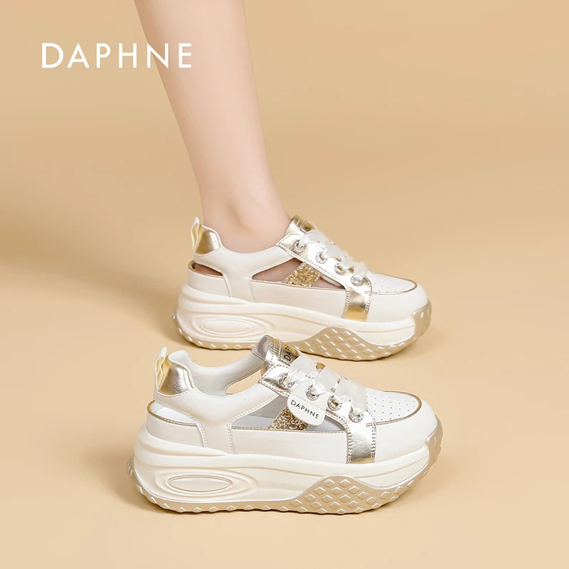 达芙妮真皮厚底镂空凉鞋女2025夏季新款爆款韩版百搭透气休闲鞋S