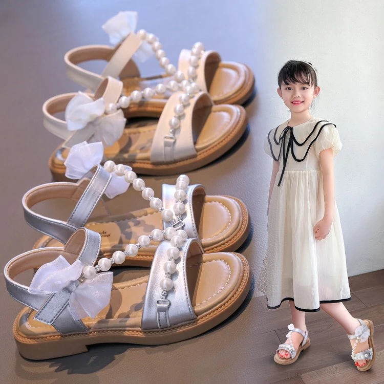 ABC女童珍珠凉鞋夏季2025新款中大童公主露趾凉拖软底时尚沙滩鞋