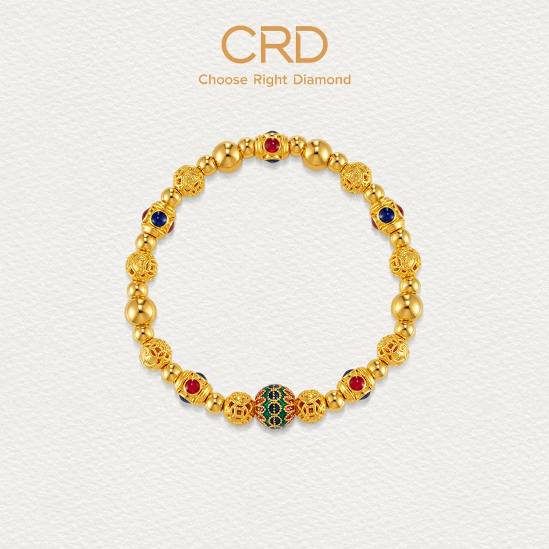 CRD克徕帝绣球花珠足金手串莲花纹国潮复古鎏彩百搭女款手串送礼