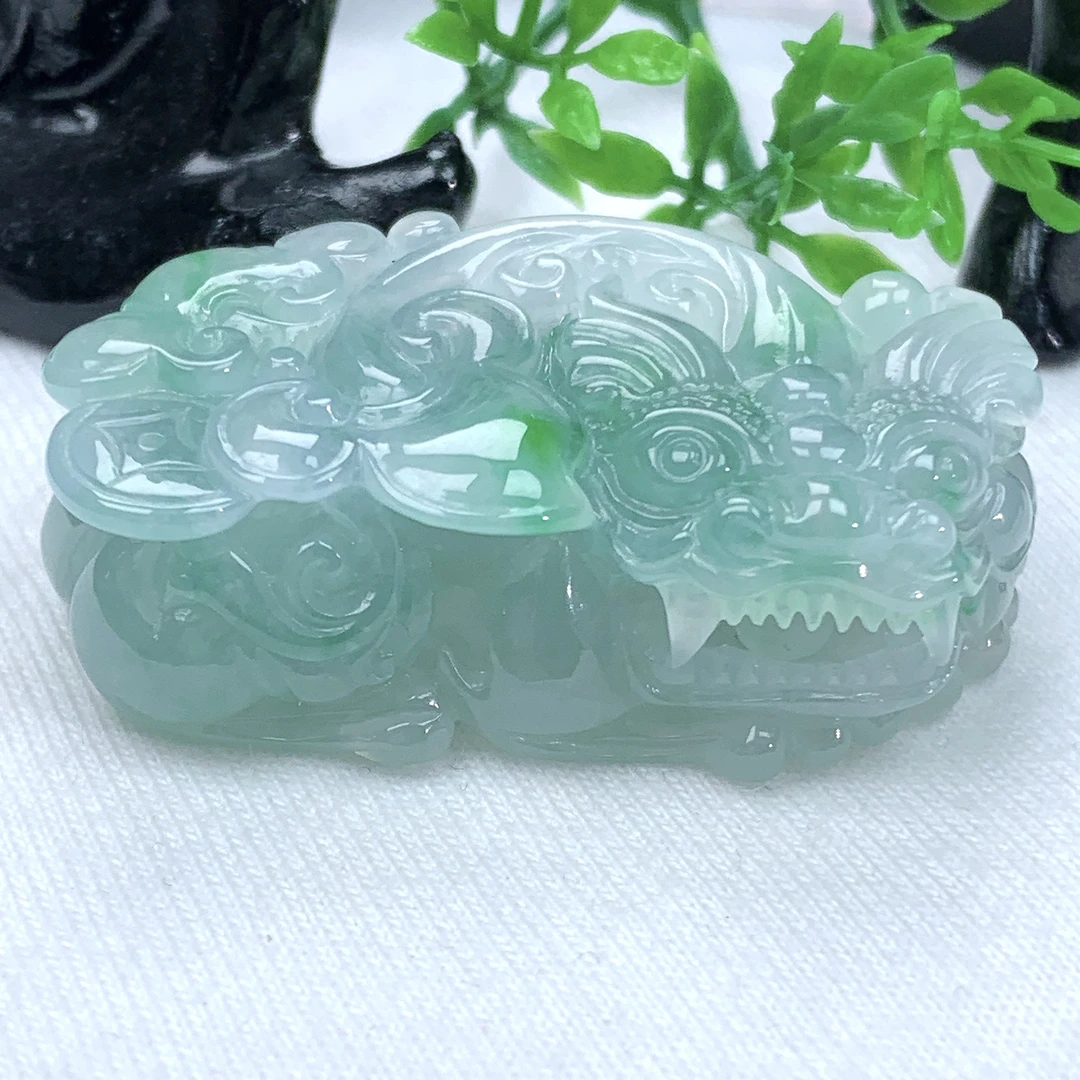 天然缅甸翡翠A货冰飘绿阴阳眼口含珠霸王貔貅吊坠44.6−25.7−14.6