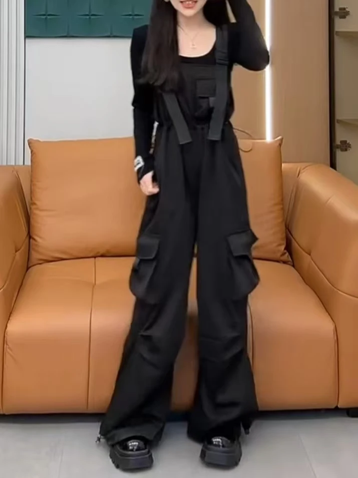 夏季新款抽绳工装透气背带裤大码胖MM梨形身材宽松显瘦连体裤