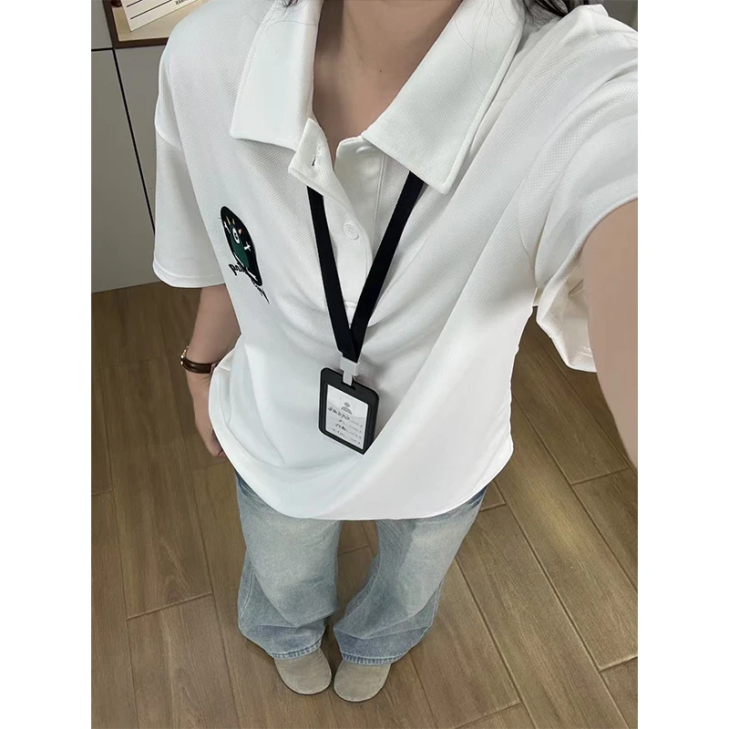 小怪兽个性绣花polo衫男款夏季白色少年感短袖t恤宽松慵懒风半袖