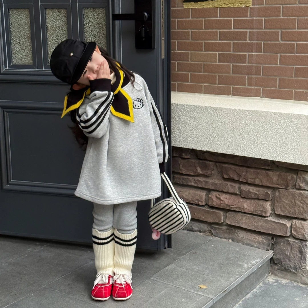 小粉象 ·女童2025冬季新款韩版时尚中长款卫衣百搭打底裤套装