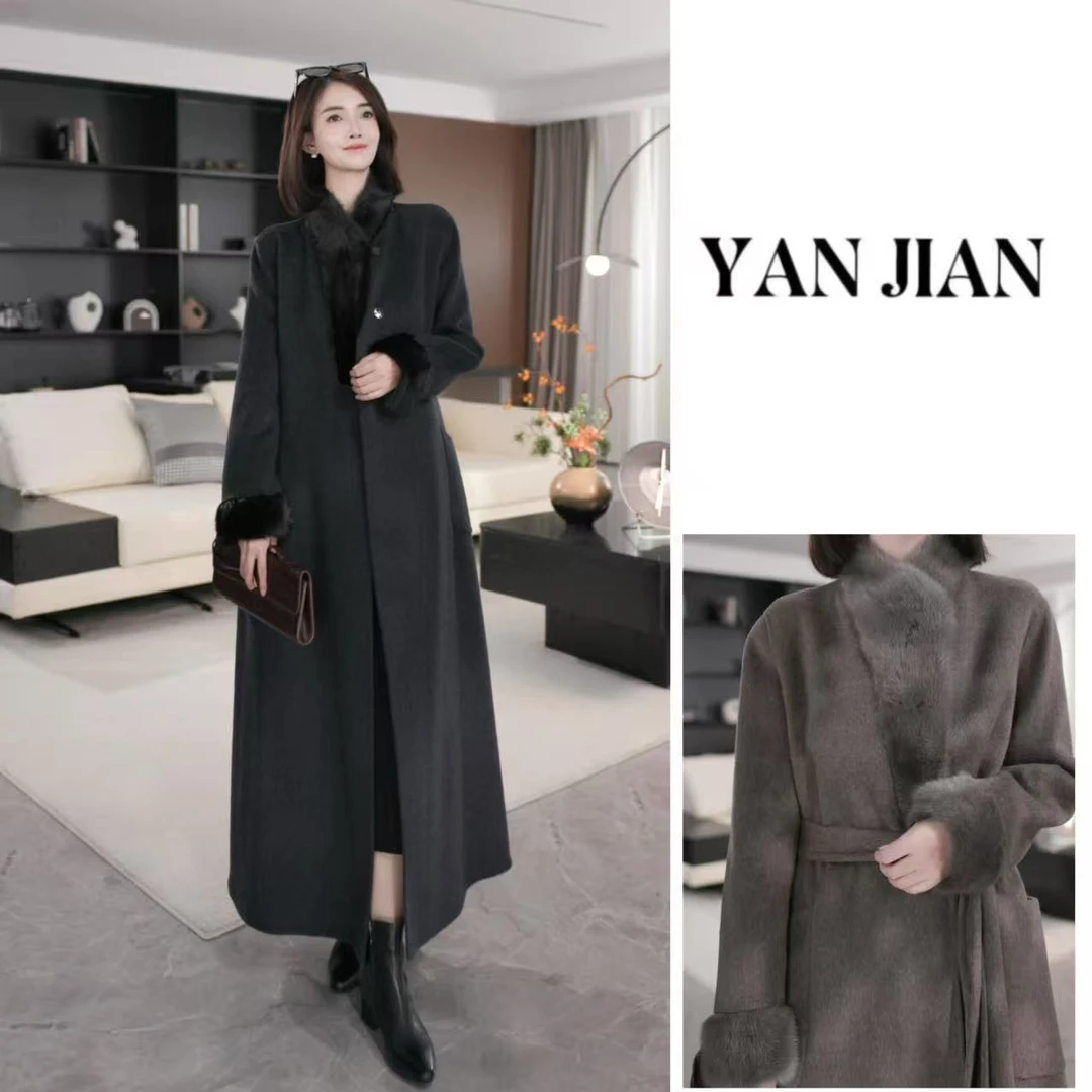 YAN JIAN【水貂羊绒大衣】高奢羊绒绵羊毛真水貂毛领长款气质大衣