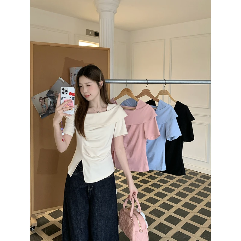 2025夏装新款胖mm大码女法式优雅方领不规则开叉小衫上衣