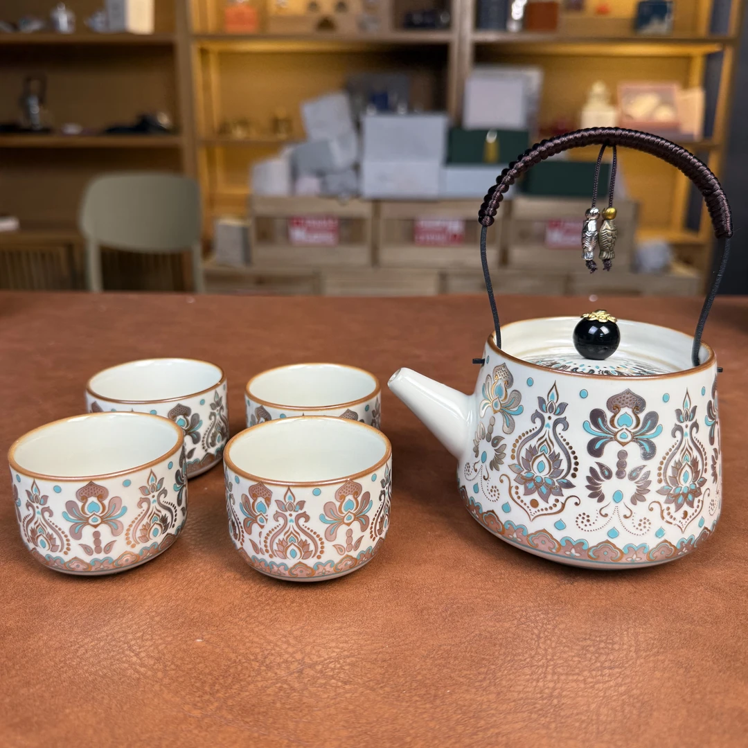 ZH3895-敦煌掐丝银提梁壶+敦煌掐丝银客杯*4