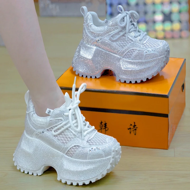 9cm重工满钻透气厚底老爹鞋女2025夏季百搭增高休闲鞋