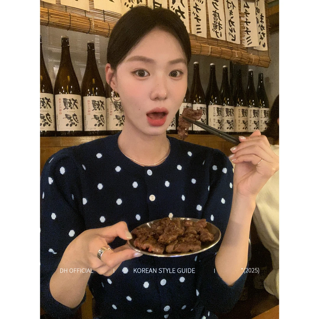 DH OFFICIAL 大花【古着甜心 wooly】法式气质撞色波点毛衣针织开衫