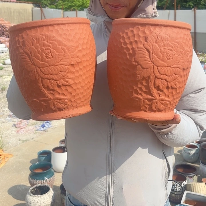 红陶钻石牡丹花两个口径19高度23