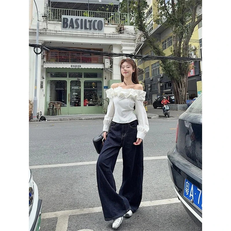 甜辣妹风一字肩长袖花苞衬衫白色短款上衣修身显瘦高腰蓝色直筒裤