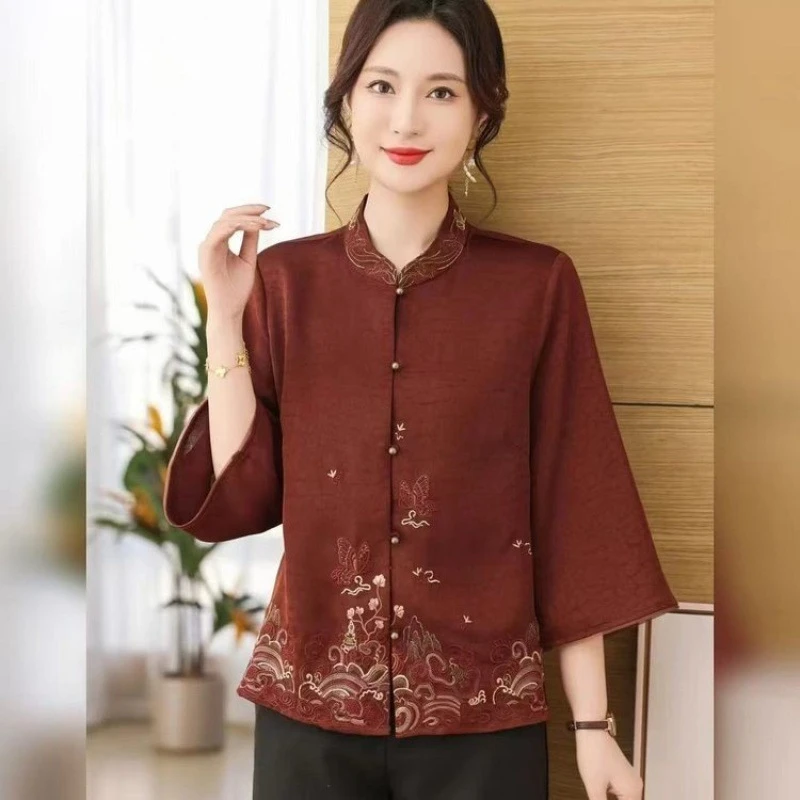 中老年春夏装妈妈七分袖夏季薄款衬衫女国风刺绣60岁岁老人奶奶衬