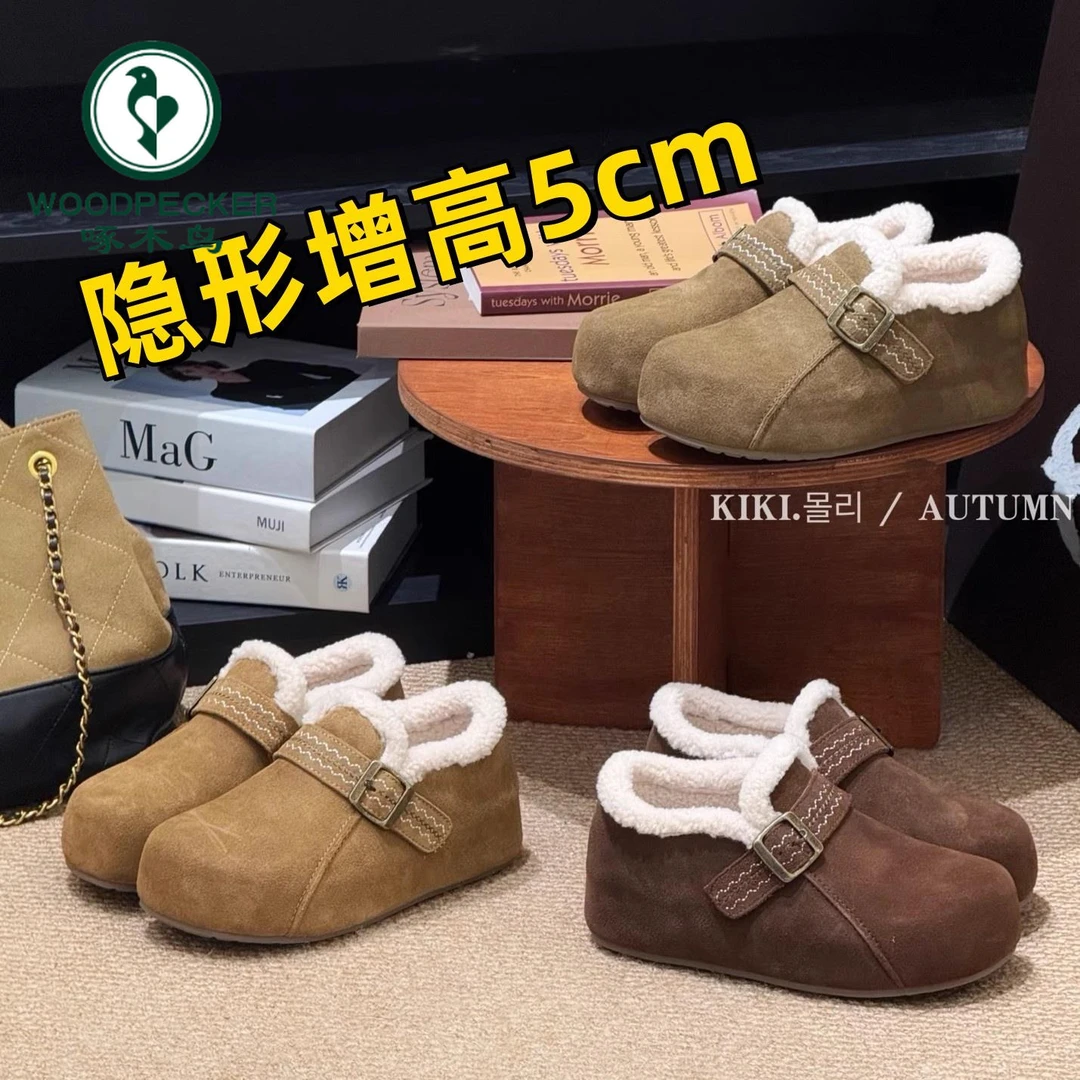 啄木鸟秋冬勃肯鞋2025新款厚底懒人包头鞋加绒加棉休闲保暖单鞋子