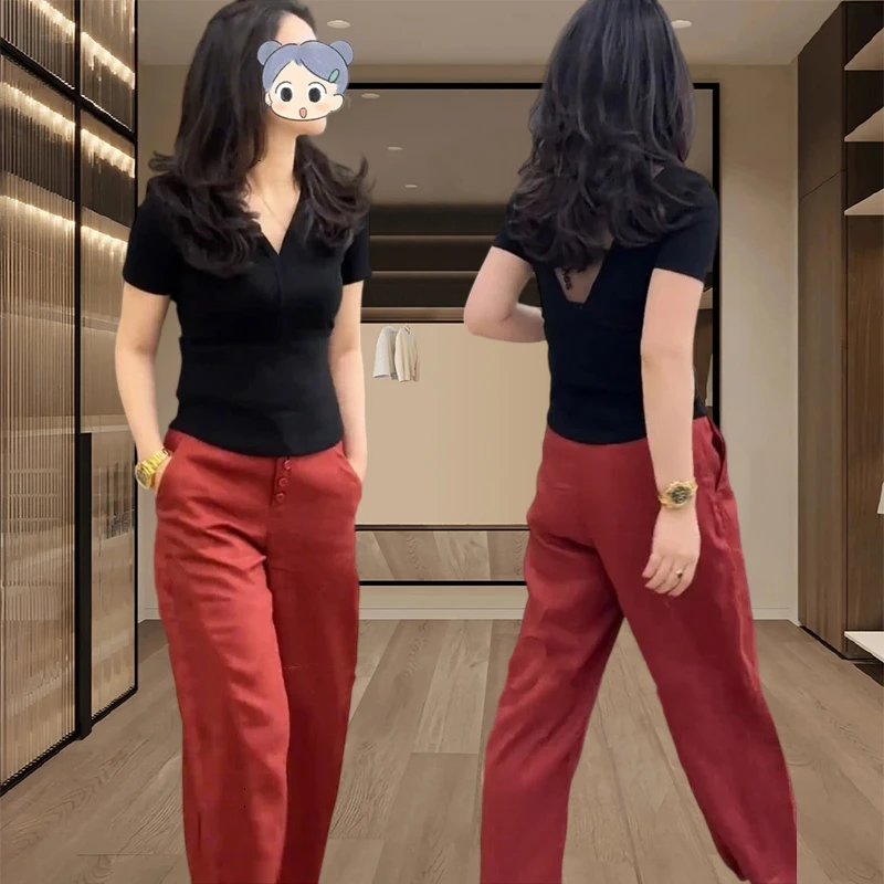 夏日穿搭套装女2026新款简约纯色V领短袖t恤红色直筒休闲裤两件套