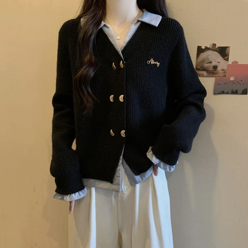 假两件polo领学院风针织衫毛衣显瘦女秋冬大码胖mm双排扣开衫外套