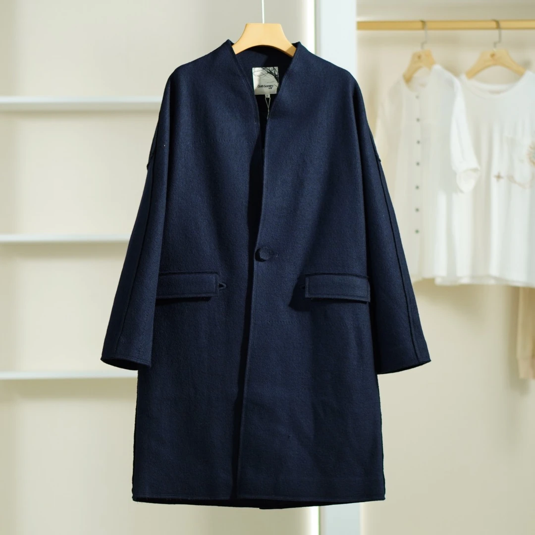 一路童行 布J系列 B235 男装简约中长款毛呢外套藏蓝184103030201