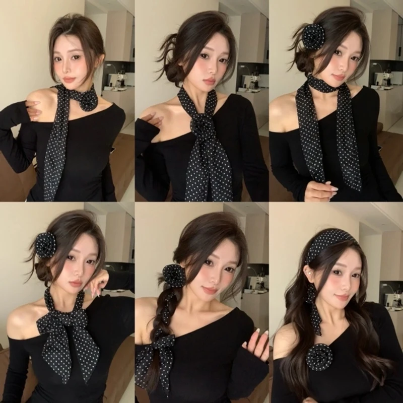 多种用法波点花朵丝巾轻奢高级感韩系围脖发带百搭时尚感