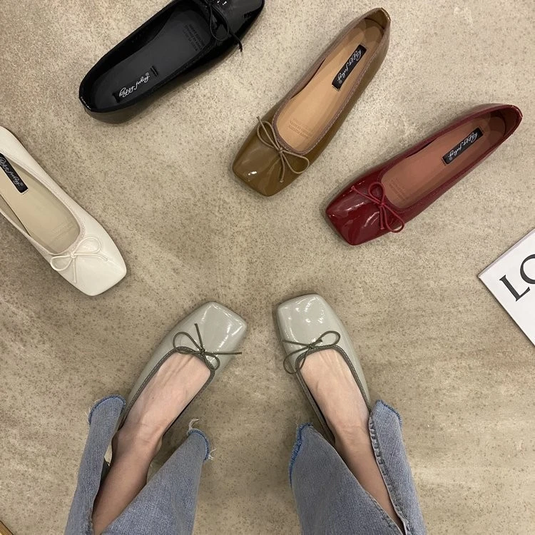 法式方头浅口蝴蝶结平底单鞋2025春夏新款时尚软底奶奶鞋豆豆鞋