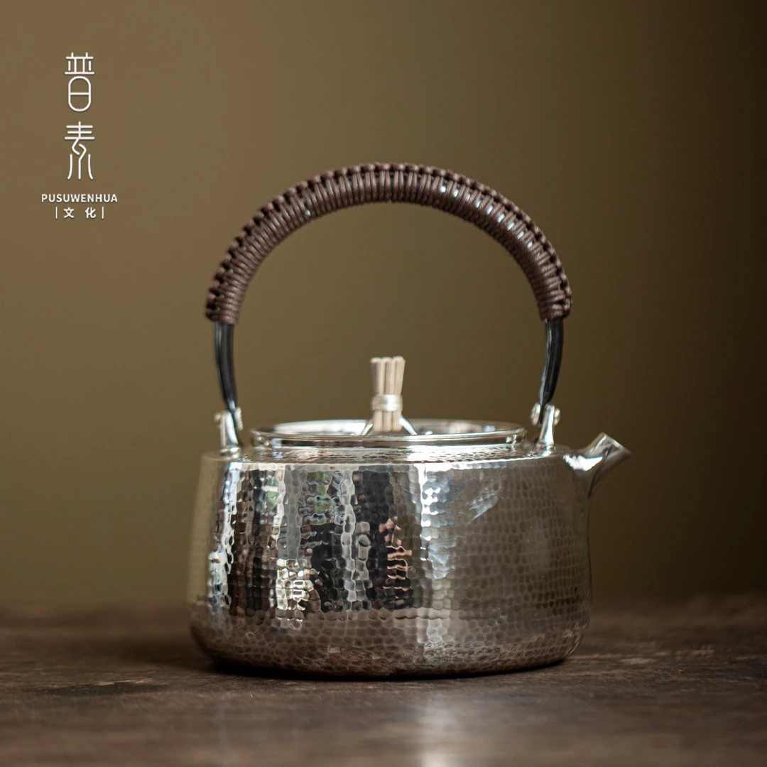普素 提梁煮水银水壶999足银烧水壶茶壶复古做旧烧水壶一张打日式