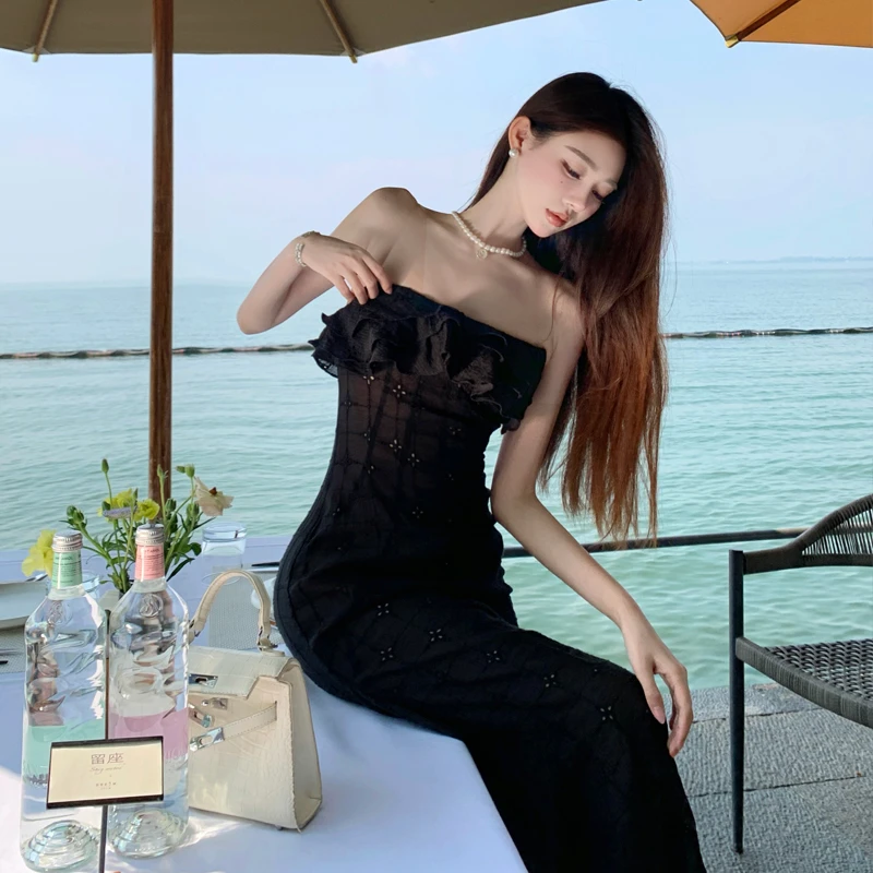 现货 2025新款气质高腰显瘦长款透明肩带吊带鱼尾拼接连衣裙复古