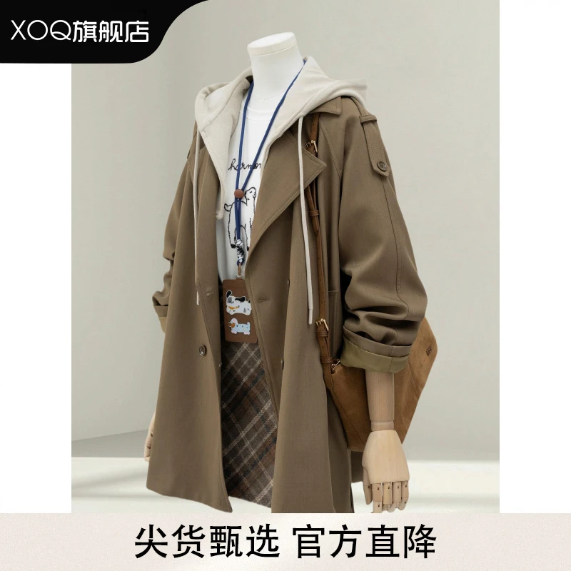 XOQ官方韩系设计感假两件连帽风衣外套女2025秋冬显瘦中长款大衣