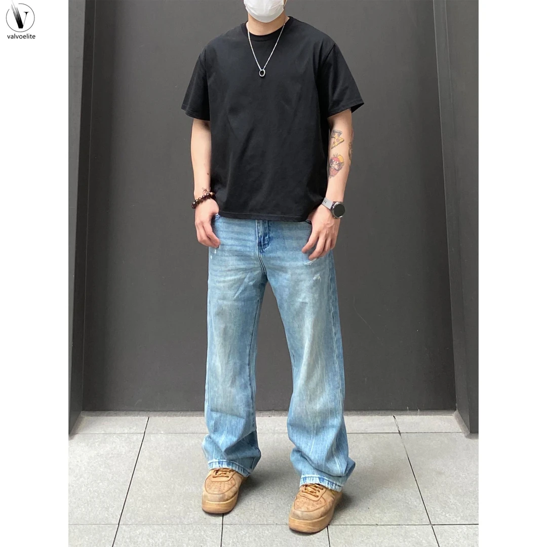 VALVOELITE美式高街水洗爆裂纹破洞牛仔裤男女宽松直筒磨破长裤