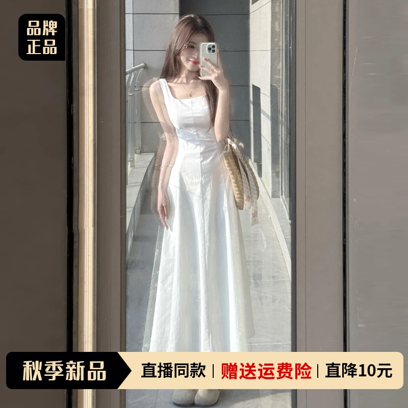 白色吊带连衣裙子女夏季2025新款今年流行爆款洋气掐腰高级感长裙