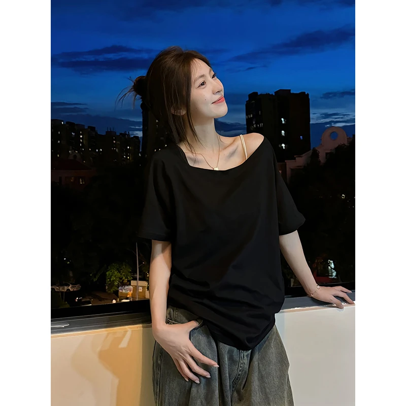 【运补】纯色宽松露肩斜肩短袖T恤衫女百搭显瘦休闲夏季纯欲风上衣