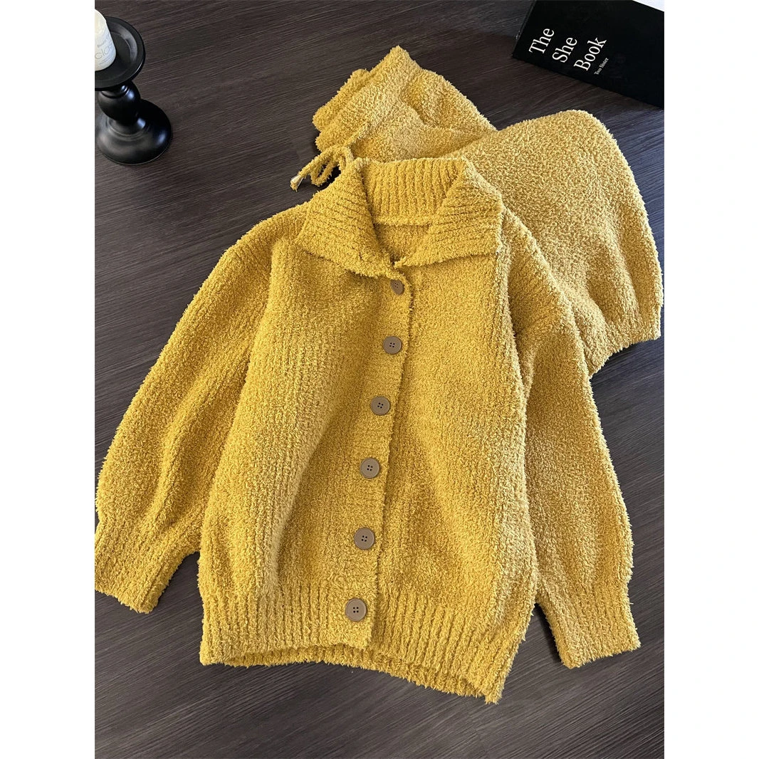 韩版简约纯色半边绒睡衣女冬季可外穿保暖居家服针织开衫长裤套装