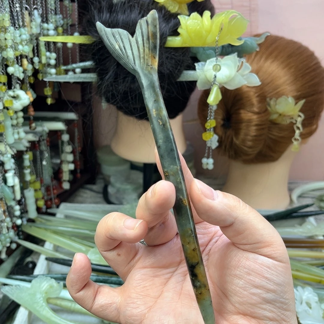 蛇纹石玉发饰未镶嵌长度19厘米左右