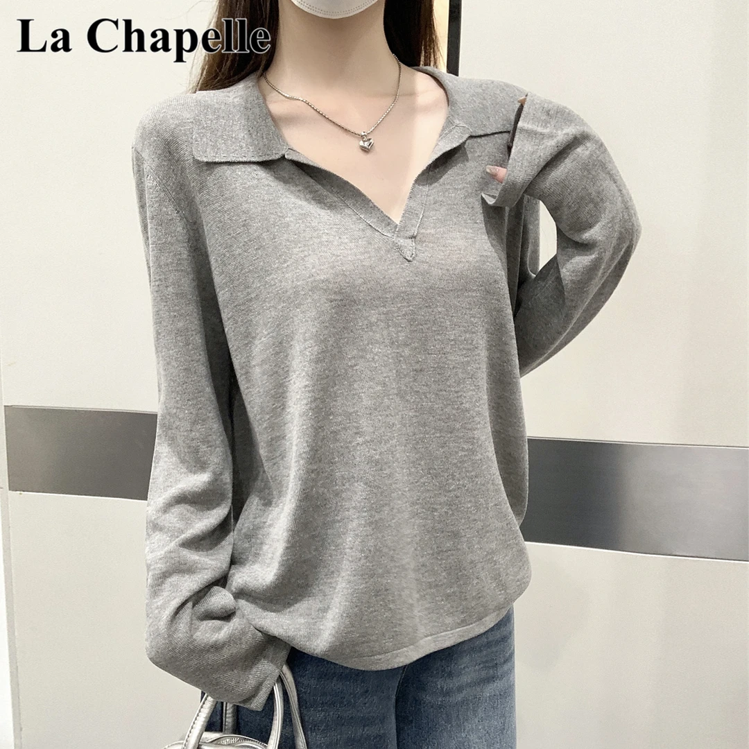 拉夏贝尔松弛感Polo领宽松慵懒风针织衫女秋新款休闲百搭打底上衣