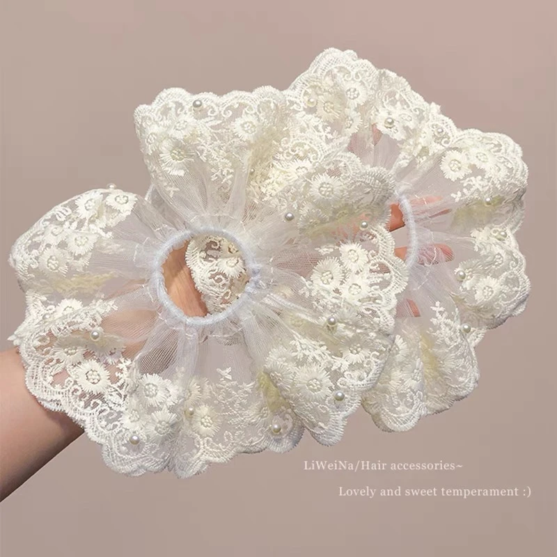 法式甜美蕾丝大肠发圈米白色温柔气质扎发马尾头绳头花发绳女