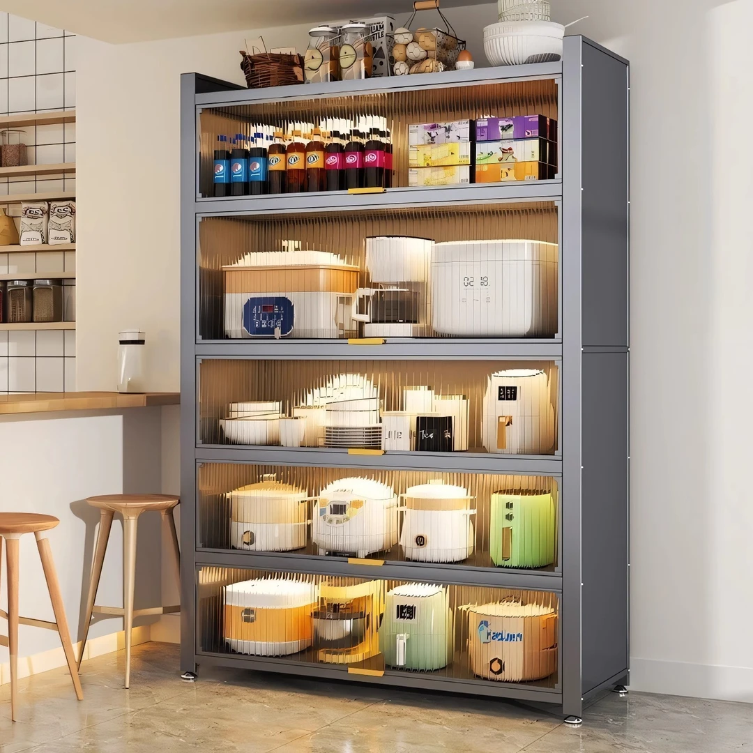 简约钢制厨房置物架多功能落地多层大容量防尘储物柜收纳柜子橱柜