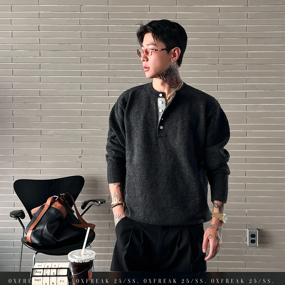 OXFREAK「羊毛混纺 撞色亨利领」老钱风毛衣男秋冬保暖宽松针织衫