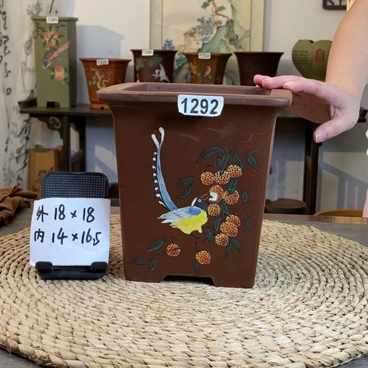 花盆紫砂  特惠新品紫泥彩绘荔枝四方1292