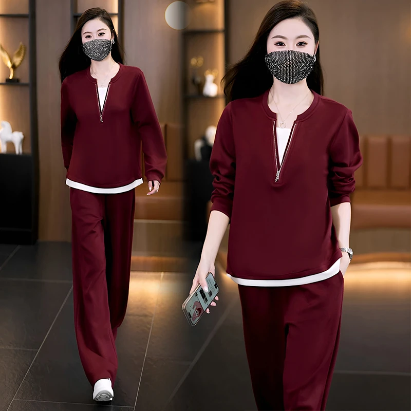 【女神新衣】2025秋季新款简约气质减龄假两件卫衣阔腿裤两件套