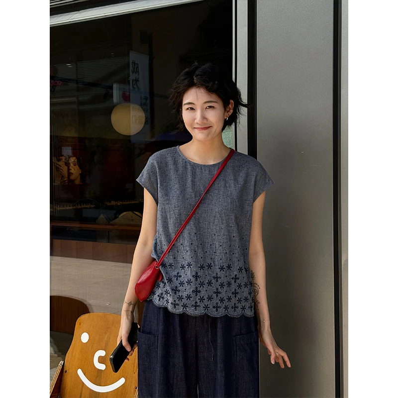 LANGQING 亚麻绣花无袖上衣44363#