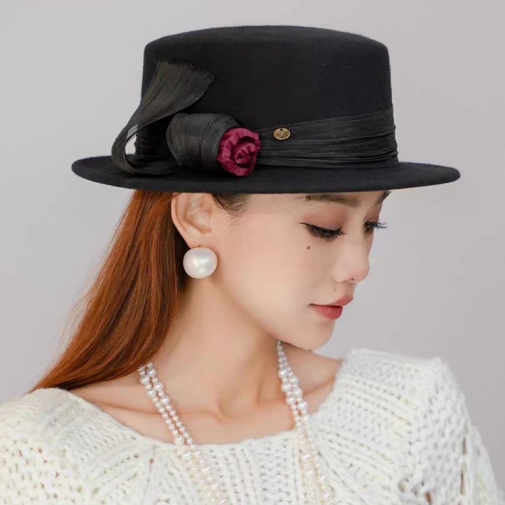 高端平沿帽女士秋冬季新款逛街出游韩版羊毛毡礼帽气质真丝麻潮帽