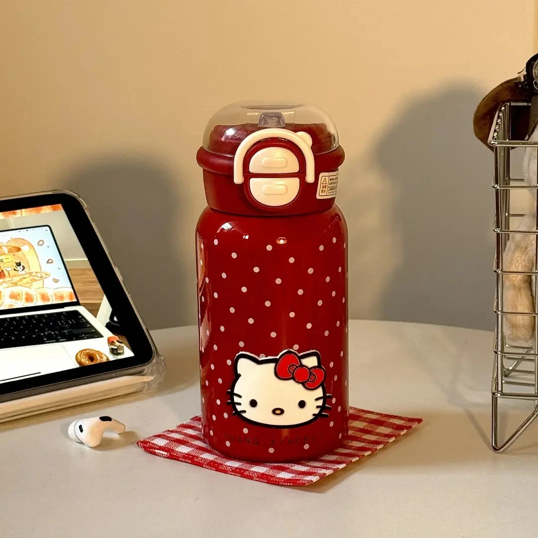 复古红波点猫咪保温杯高颜值316不锈钢ins女可爱便携学生双饮水杯