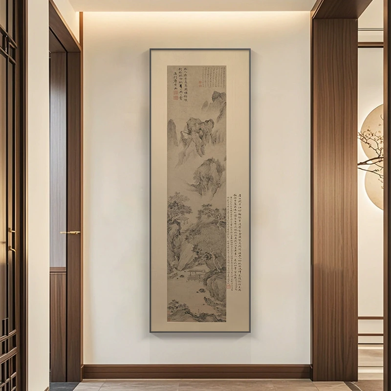 山水画玄关装饰画国画新中式客厅画走廊过道挂画禅意茶室竖版壁画