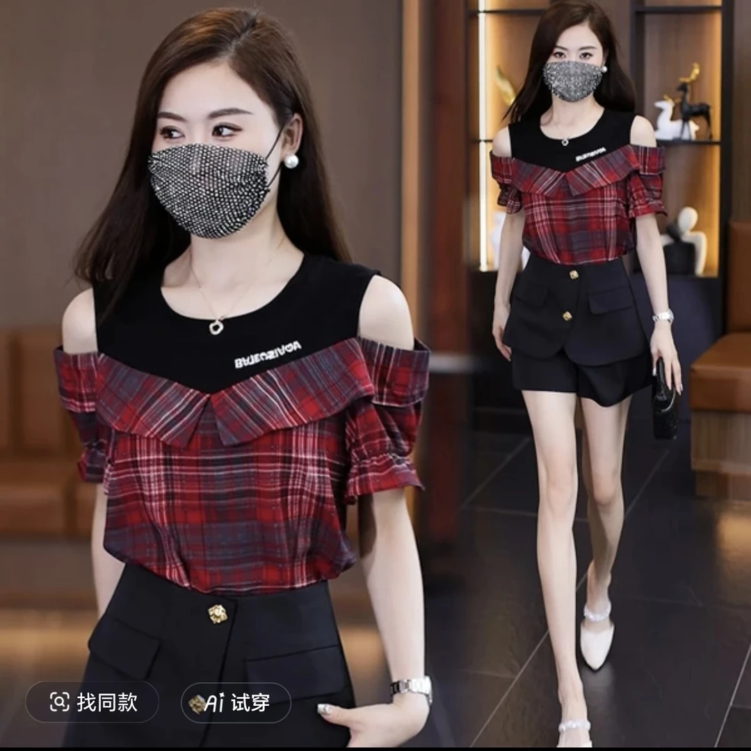 23夏季新款新洋气露肩小衫格子上衣女百搭气质显瘦