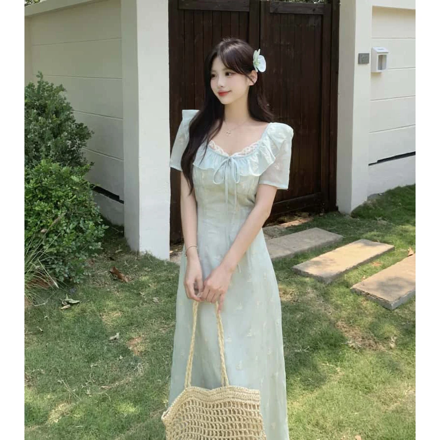 夏大码女装法式大码连衣裙胖mm显瘦遮肉遮肚子连衣裙刺绣D076#