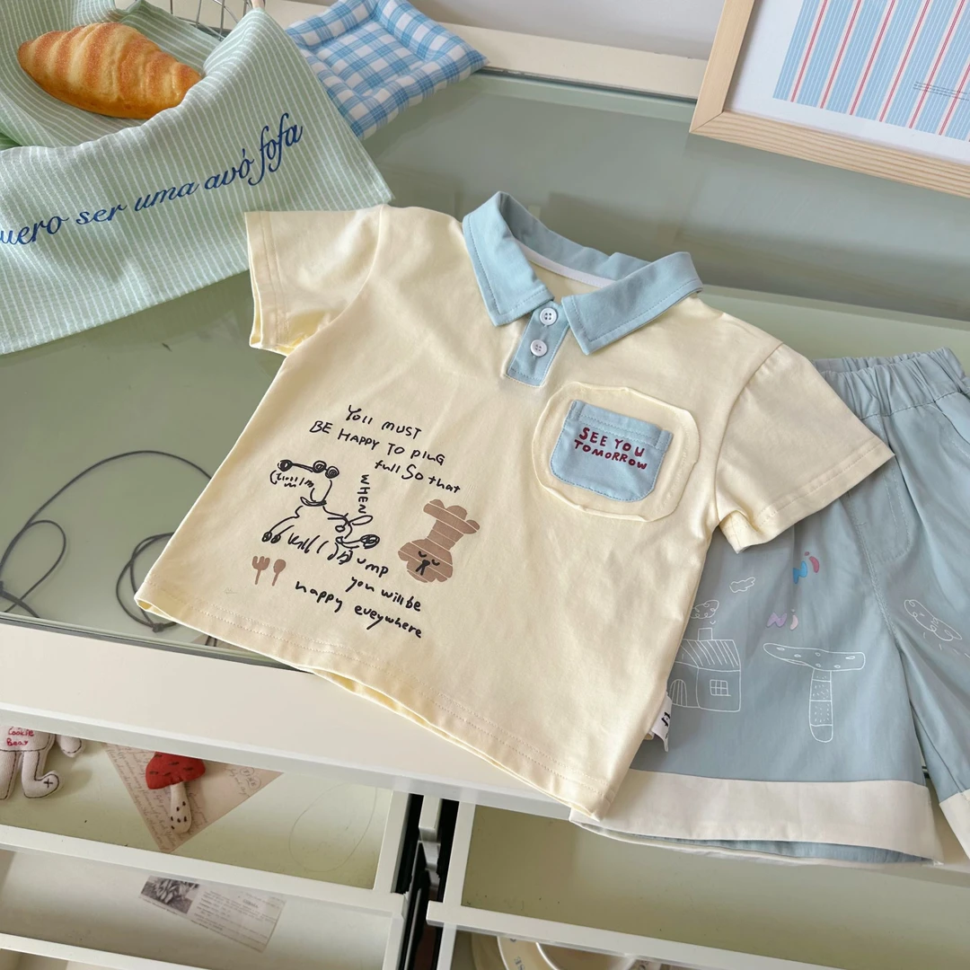 【断码清仓】XY255160男小童25夏新品小狗印花毛边口袋POLO衫T恤