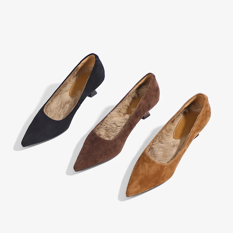 MR·T手工女鞋~加绒保暖小猫跟尖头单鞋女法式配裙子名媛小单鞋