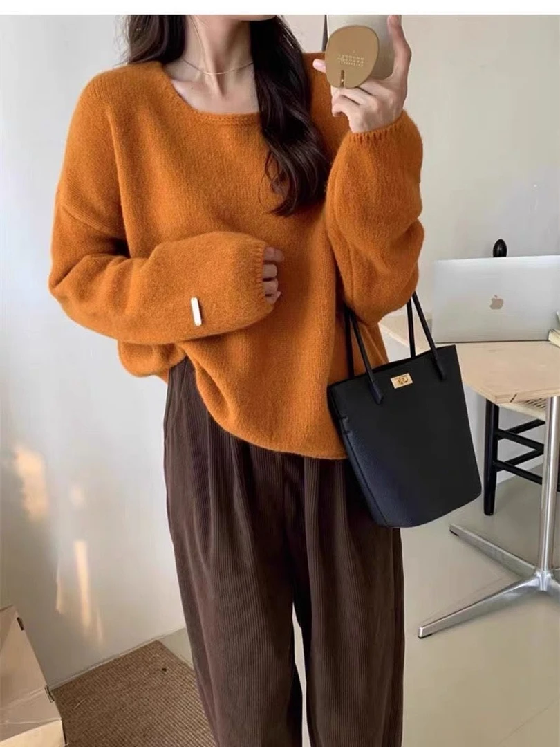 慵懒风针织毛衣女2025秋冬新款韩版宽松套头温柔气质纯色百搭上衣