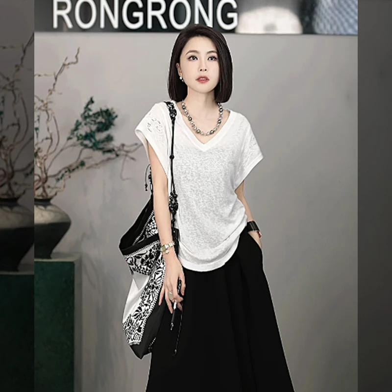 溶溶【晚墨序】RONGRONG 莱赛尔亚麻飞飞袖修身显瘦短袖T恤T-B0025