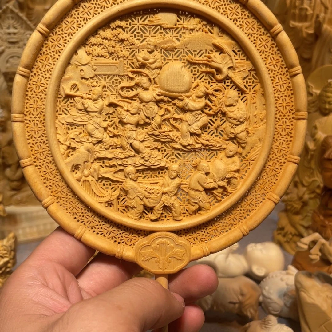 黄杨木百子图扇子